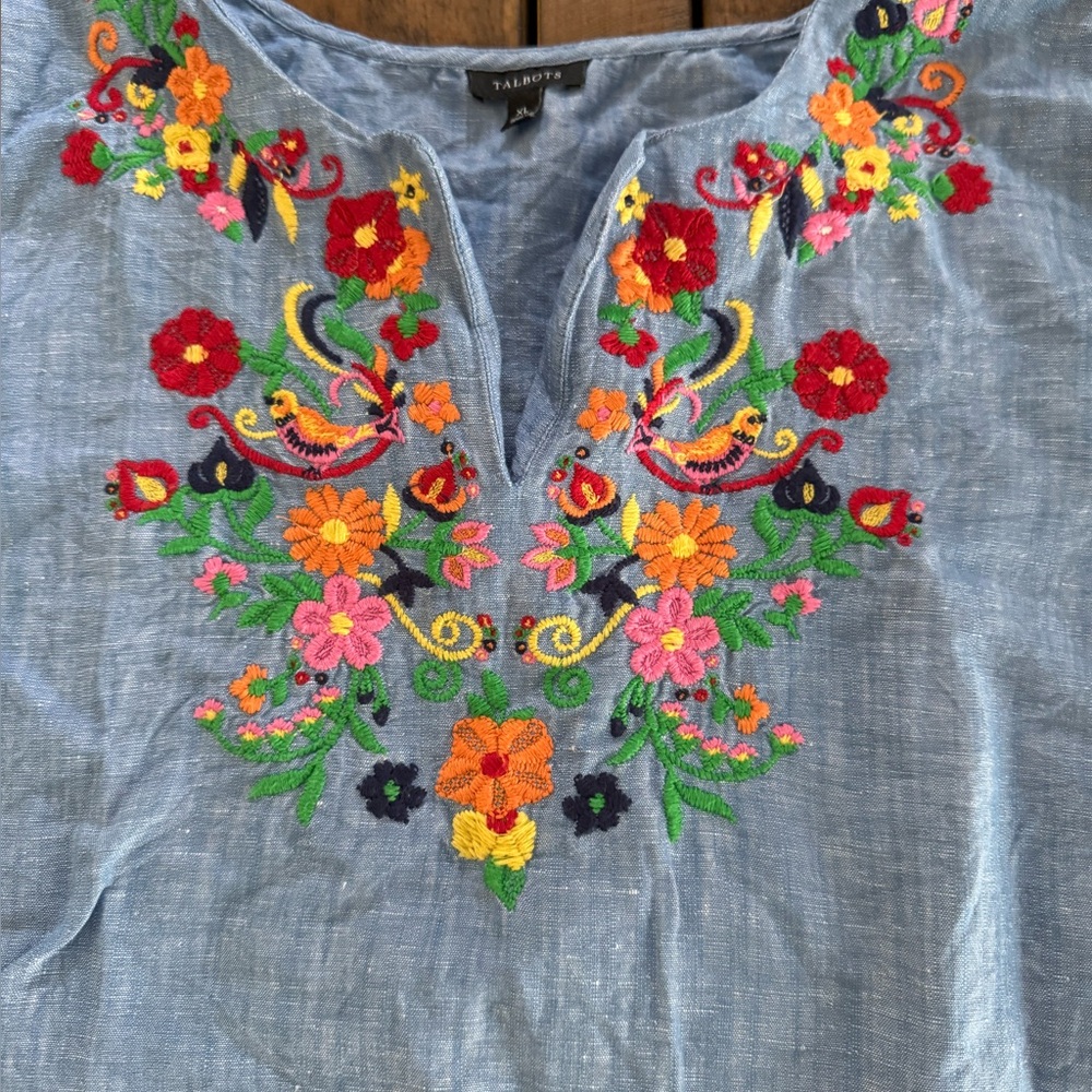 Talbots Denim Embroidered Short Sleeve Blouse